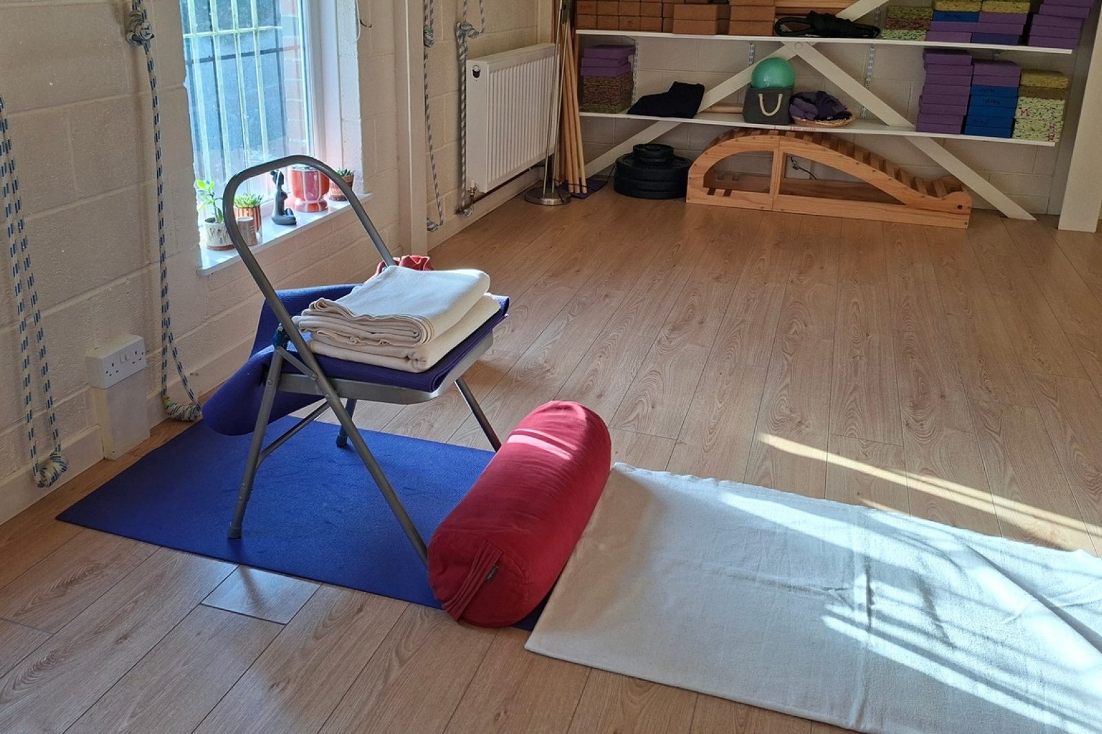 Set up for chair shoulderstand in sunny maple